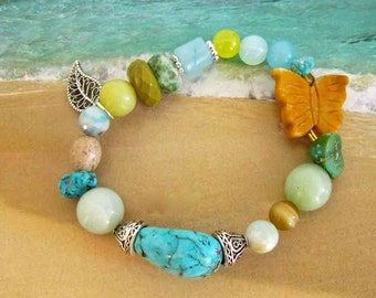 Beach Stacking Bracelet, Semiprecious Stones, Stretch Bracelet, Surfer Chic, Sand and Surf Colors/Turquoise and Silver Accents/Beach Jewelry