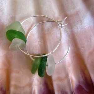 Green Sea Glass Silver Plate Hoop Earrings, Summer Jewelry, Beach, Surfer Chic, Hawaiian Beach Glass/Shades of Green Sea Glass Hoop Earrings image 3