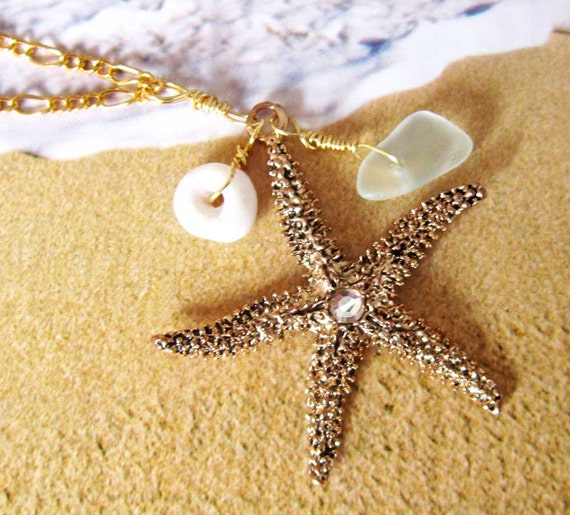 Starfish Necklace With Hawaiian Puka Shell and Beach Glass Costume Jewelry Sea Star Necklace Hawaiian Beach Theme Necklace Surferjewelry Etsy Canada