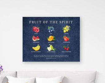 Fruit of the Spirit Wall Art, Scripture Galatians Print Christian Home Decor Navy and Watercolor Fruit Bible Verse, UNFRAMED Print or Canvas