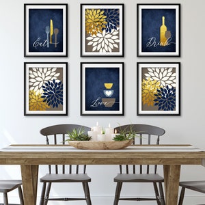 Kitchen Wall Art Print Set, Eat Drink Love, Floral Wall Art, Navy Faux Gold, Dining Room Decor, Kitchen Set of (6) UNFRAMED Prints or Canvas