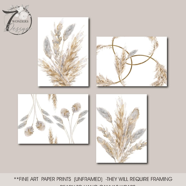 Pampas Grass Neutral Beige Grey Watercolor Art Boho Wheat Farmhouse Beach Bohemian Home Decor Set of (4) UNFRAMED Paper Prints or Canvas