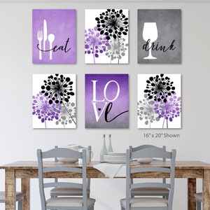Kitchen Wall Art Print Set, Eat Drink Love, Floral Wall Art, Purple Dining Room Decor, Purple Kitchen Set of (6) UNFRAMED Prints or Canvas