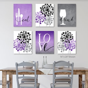 Kitchen Wall Art Print Set, Eat Drink Love, Floral Wall Art, Purple ...