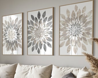 Flower Dahlia Bursts Neutral Wall Decor Fine Art Prints Grey Tan Dust Farmhouse Home Apartment Decor Set of (3) UNFRAMED Prints OR Canvas