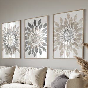 Flower Dahlia Bursts Neutral Wall Decor Fine Art Prints Grey Tan Dust Farmhouse Home Apartment Decor Set of (3) UNFRAMED Prints OR Canvas