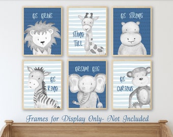 Safari Jungle Nursery Animals Art Prints Boys Blue Gray Bedroom Watercolor Be Brave Inspirational Sayings Set of 6 UNFRAMED Prints or Canvas