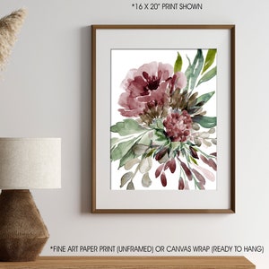 Maroon Brown Green Watercolor Flowers Fine Art Print, Moody Farmhouse Floral Wall Art Home Decor,  UNFRAMED Print or Canvas Wrap