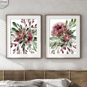 Maroon Brown Watercolor Flowers Fine Art Prints, Moody Farmhouse Floral Wall Art Home Decor, Set of (2) UNFRAMED Paper Prints or Canvas