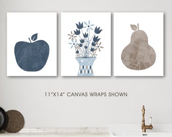 Blue Beige Apple Pear Boho Flowers in Vase Kitchen Art Prints, Indigo Light Blue Scandinavian Decor, Set of 3 UNFRAMED Prints or Canvas