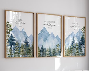 Gender Neutral Mountain Nursery Prints - Scripture and Forest Scenes, Blue Green Art, Set of 3