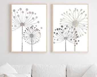 Neutral Minimalist Dandelion Art Prints Modern Unique Abstract Flower Gray Beige Wall Decor Set of (2) UNFRAMED Paper Prints or Canvas