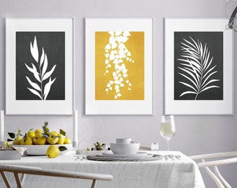 Mustard Charcoal Grey Botanical Leaf Art Prints Yellow Gray White Leaves Scandinavian Set of 3 UNFRAMED Fine Art Prints OR Canvas Wraps