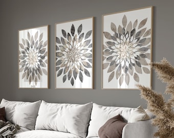 Flower Dahlia Bursts Neutral Wall Decor Fine Art Prints Grey Dust Beige Distressed Farmhouse Decor Set of (3) UNFRAMED Prints OR Canvas