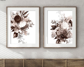 Modern Neutral  Vintage Brown Grey Flowers Fine Art Prints Farmhouse Cottage Floral Wall Art Decor Set of 2 UNFRAMED Paper Prints or Canvas