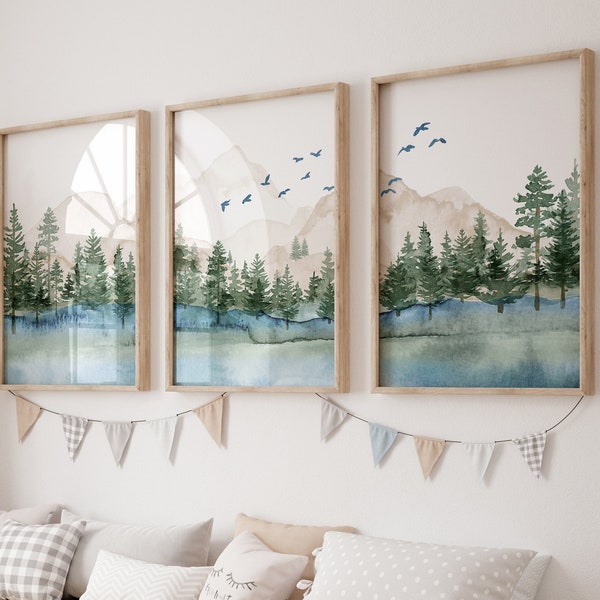 Boys Trees Mountains Forest watercolor wall art Nursery Woodland Adventure theme blue green beige decor Set of (3) UNFRAMED Prints or Canvas