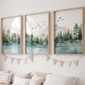 Boys Trees Mountains Forest watercolor wall art Nursery Woodland Adventure theme blue green beige decor Set of (3) UNFRAMED Prints or Canvas