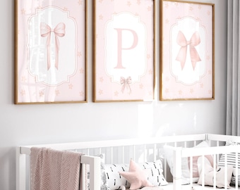 Bow print, Girls Blush Pink Bow wall art, Custom Initial Name, Bow Nursery Decor, Grandmillennial Art Set of (3) UNFRAMED Prints or Canvas