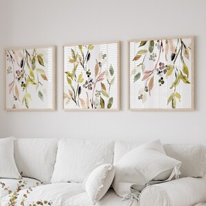 Farmhouse Garden Watercolor Pastel Pink Green Leaves Berries Square Art Prints Cottage Home Decor Set of 3 UNFRAMED Prints or Canvas Wraps