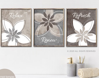 Relax Renew Refresh Distressed Flower Bursts Bathroom Art // Neutral Brown Gray Beige // Timeless Bathroom Decor Unframed Prints OR Canvas