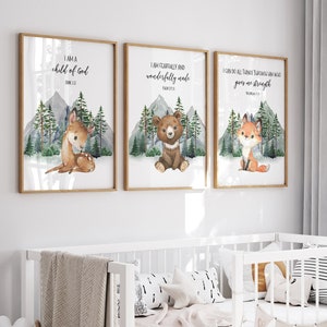 Baby Scripture Nursery Decor Wall Art Prints Woodland Prints, Forest Animal Prints Mountains Artwork Set of (3) UNFRAMED Prints or Canvas