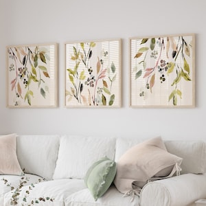 Farmhouse Garden Watercolor Pastel Cream Leaves Berries Square Art Prints Cottage Modern Home Decor Set of 3 UNFRAMED Prints or Canvas Wraps