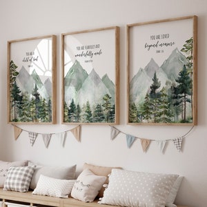 Mountain Nursery Decor, Scripture Bible Verse Wall Art Woodland Forest Gender Neutral New Baby Gift Set of (3) UNFRAMED Prints or Canvas