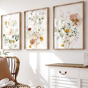 Farmhouse Garden Wildflowers Wall Art Prints Watercolor Flowers Country Cottage Living Home Decor Set of 3 UNFRAMED Prints or Canvas Wraps