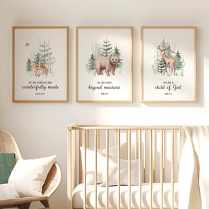 Forest Animals Nursery Decor Scripture Bible Verse Wall Art Woodland Trees Gender Neutral New Baby Gift Set of (3) UNFRAMED Prints or Canvas