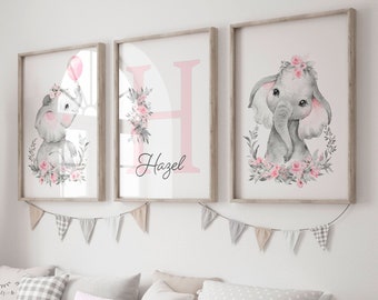 Girls Pink Grey Elephants Watercolor Nursery Name Initial Monogram Prints Baby Bedroom Art Decor Set of (3) UNFRAMED Prints or Canvas