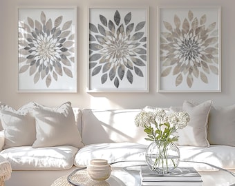 Neutral Minimalist Art, Farmhouse floral print, Above the bed art Flowers Print, Scandinavian Wall Art set of (3) UNFRAMED Prints OR Canvas