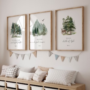Christian Nursery Decor, Forest Mountain Nursery, Woodland Nature, Scripture Print, Baby Bible Verse Wall Art, UNFRAMED Prints or Canvas