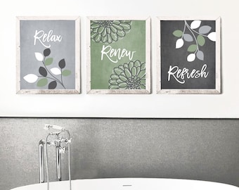 Sage Grey Charcoal BATHROOM Wall Art Prints, Relax Renew Refresh, Flowers Leaves, Bathroom Decor, Set of (3) UNFRAMED Prints or Canvas