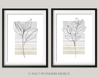Light Grey Beige Flower Line Art Prints Floral Neutral Botanical Wall Decor Minimalist Art Set of 2 UNFRAMED Fine Art Prints OR Canvas Wraps