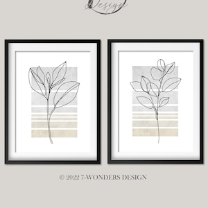 Light Grey Beige Flower Line Art Prints Floral Neutral Botanical Wall Decor Minimalist Art Set of 2 UNFRAMED Fine Art Prints OR Canvas Wraps