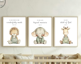 Safari Animals Art Prints, Gender Neutral Animal Decor, Nursery Scripture Art, Vintage Watercolor Animals Set of 3 UNFRAMED Prints or Canvas