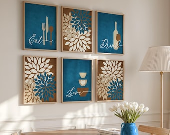 Eat Drink Love Kitchen Art Print Set, Sea Blue Mocha Brown Cream Floral Decor, Set of (6) Unframed Paper Prints or Canvas