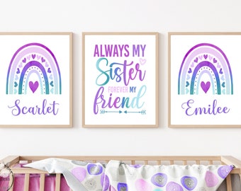 Girls Rainbow Sisters Wall Art Decor, Twin Teen Best Friend Nursery Bedroom Artwork Purple Pink Teal Set of (3) UNFRAMED Prints or Canvas