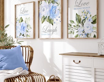 Blue Green Watercolor Flowers Wall Art Prints, Live Laugh Love Light Blue Farmhouse Decor Set of (3) Unframed Paper Prints or Canvas