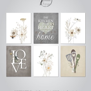 Kitchen Farmhouse Wildflowers Art Print Set Heart of Home Neutral Watercolor Botanicals Home Decor, 6 Unframed Paper Prints or Canvas Wraps