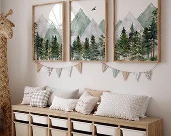Mountain Nursery Forest Decor Woodland Adventure Wall Art Print Gender Neutral Farmhouse Wall Art Gift Set of (3) UNFRAMED Prints or Canvas