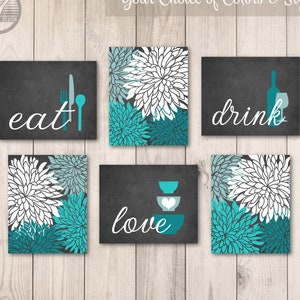 Rustic Kitchen Wall Art Prints Eat Drink Love Dahlia Flowers Teal Turquoise Farmhouse Dining Room Decor Set of (6) UNFRAMED Prints or Canvas