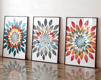 Flower Dahlia Bursts Art Prints Maximalist Bright Colors Teal Fuchsia Orange Tan Wall Art Decor Set of (3) UNFRAMED Paper Prints or Canvas