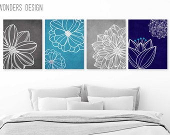 Navy Blue, Aqua and Gray Abstract Flower Art, Dahlia Art, Floral Wall Decor, Living Room Art, Modern Home Decor, Unframed Prints of Canvas