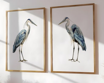 Indigo Blue Heron Coastal Birds Wall Art Prints, Watercolor Art Ocean Beach Decor Nautical Birds Set of (2) UNFRAMED Prints or Canvas