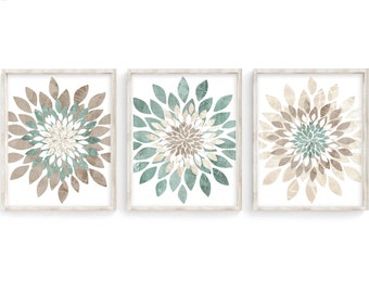 Modern Flower Bursts, Floral Wall Decor, Neutral Wall Art, Sage and Beige Farmhouse Decor, Distressed Art Set of 3 Unframed Prints or Canvas