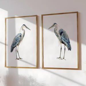 Watercolor Indigo Blue Heron Coastal Birds Wall Art Prints Digital Art Ocean Beach Decor Nautical Birds Set of (2) UNFRAMED Prints or Canvas