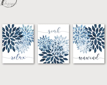 Relax Soak Unwind Flower Bursts Bathroom Art Blue Navy Watercolor Modern Decor Set of 3 Unframed Fine Art paper Prints OR Canvas Wraps