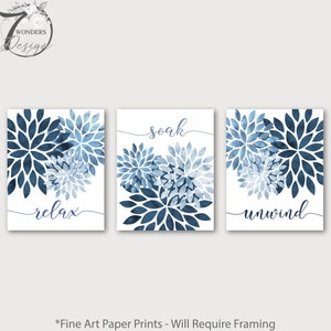 Relax Soak Unwind Flower Bursts Bathroom Art Blue Navy Watercolor Modern Decor Set of 3 Unframed Fine Art paper Prints OR Canvas Wraps