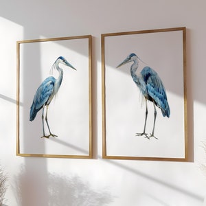 Watercolor Blue Heron Coastal Birds Wall Art Prints, Digital Art Ocean Beach Decor, Nautical Birds, Set of (2) UNFRAMED Prints or Canvas